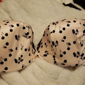 Pink Bra with black cherries and Black Lace